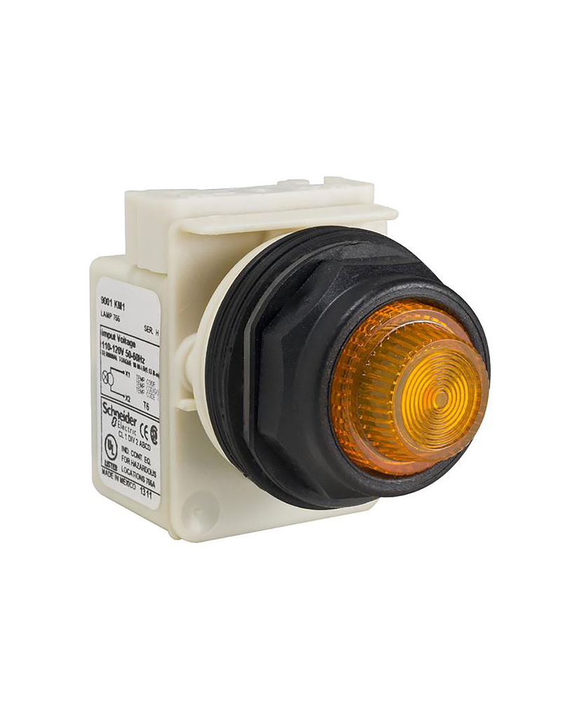 Schneider 9001SKP38LYA31 30mm Pilot Light, Yellow LED 120VAC